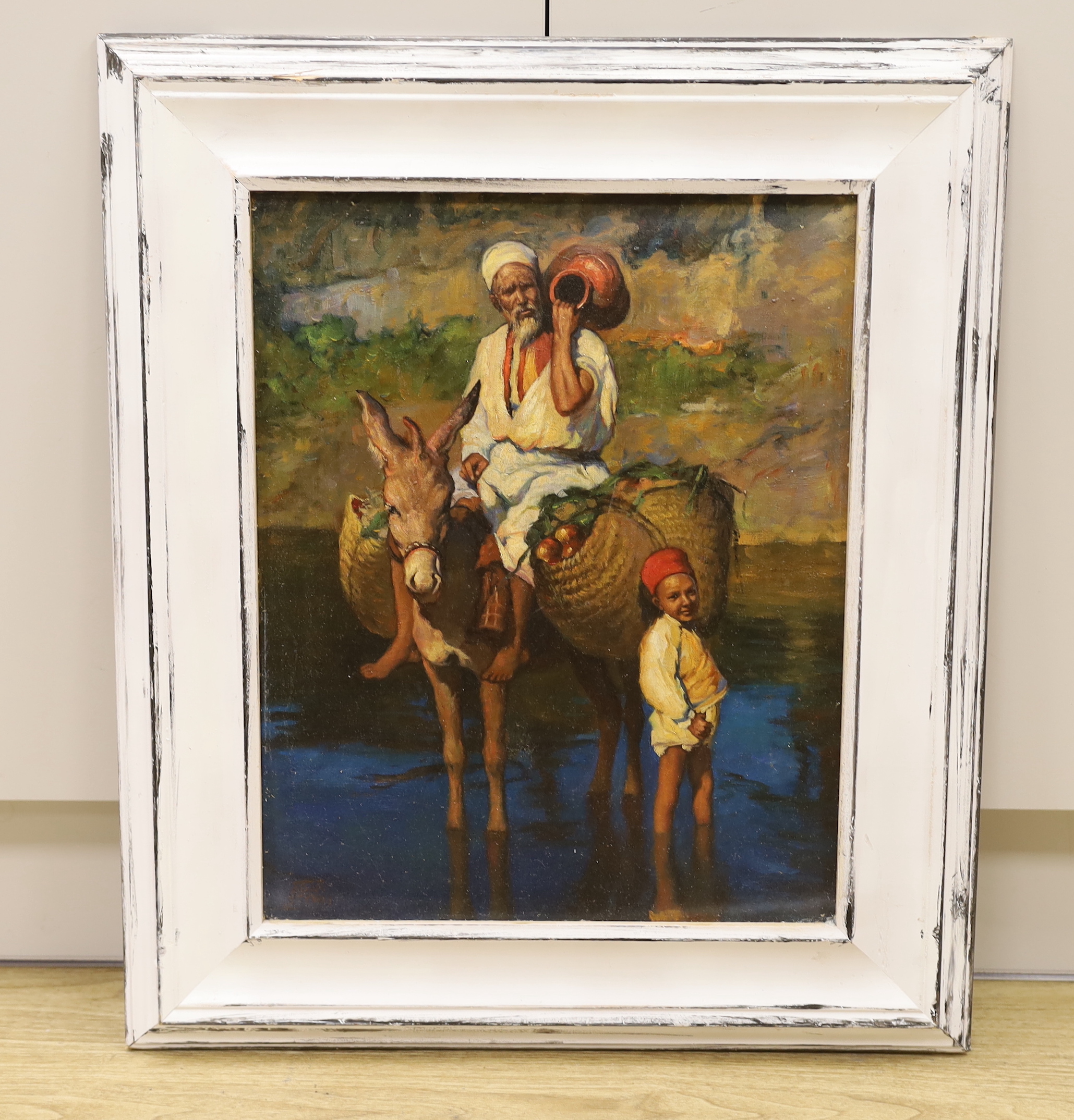 Manner of Adam Styka (French / Polish, 1890-1959), Orientalist style oil on board, figures and a donkey, 49 x 39cm